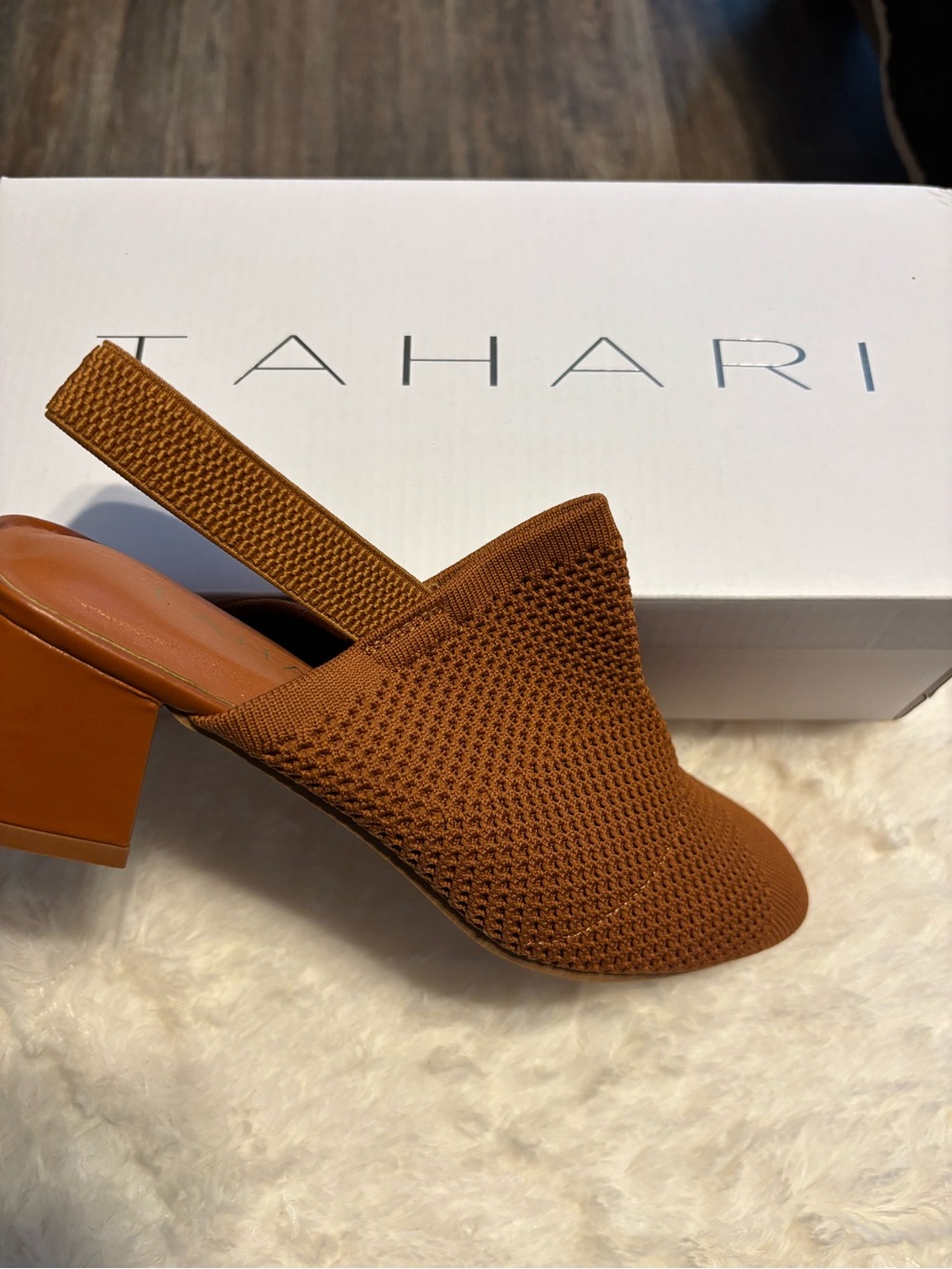 Tahari Cognac Knit Slingback Block Heel Mule